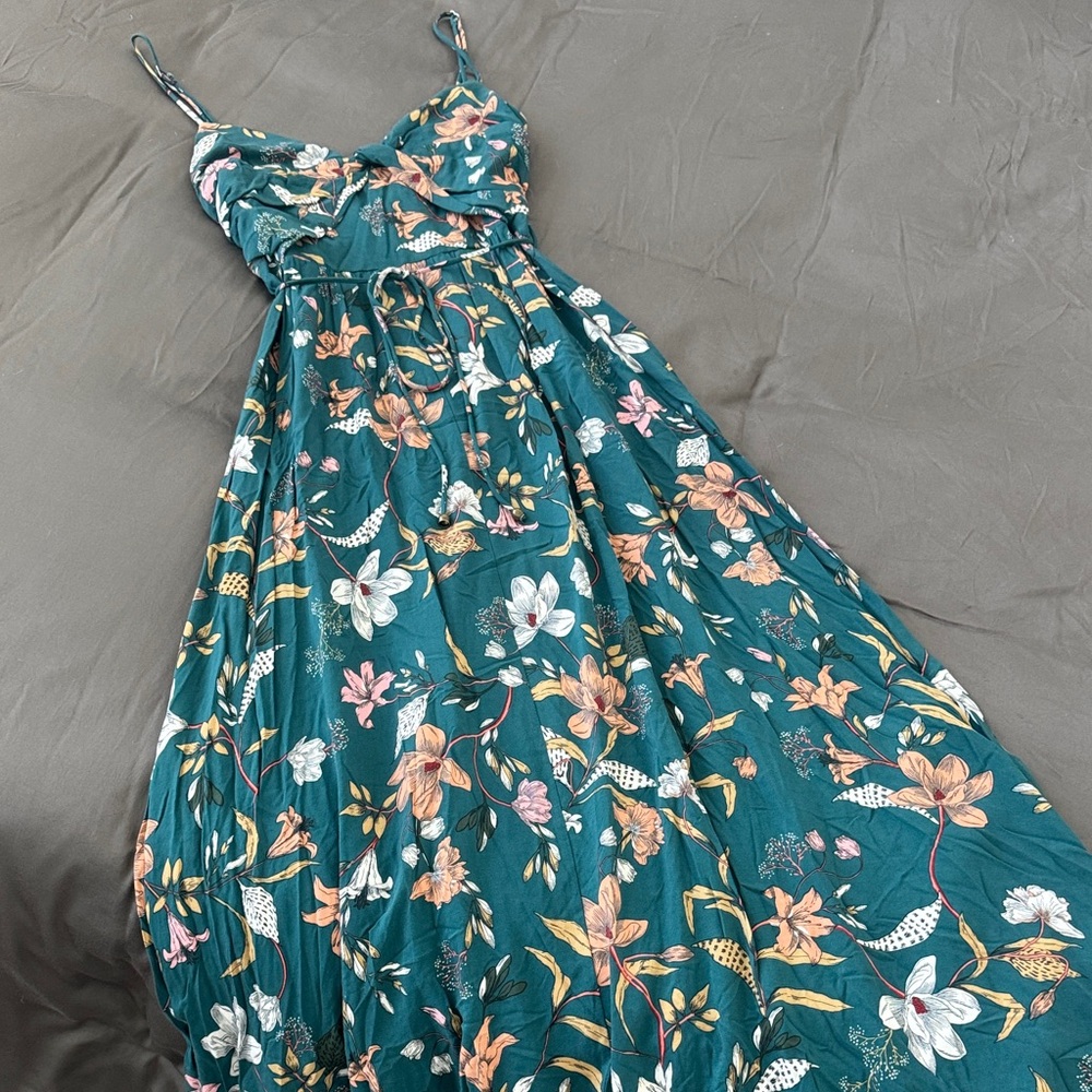 Floral Teal Maxi Dress with Adjustable Spaghetti Straps